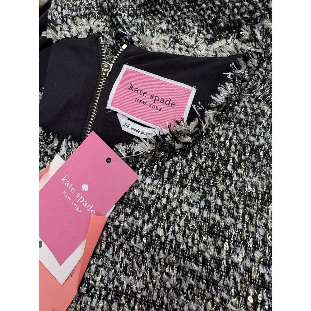 Kate Spade Black & Gold Tweed Fringed Accent Party Shift Dress Size 14 NWT $429